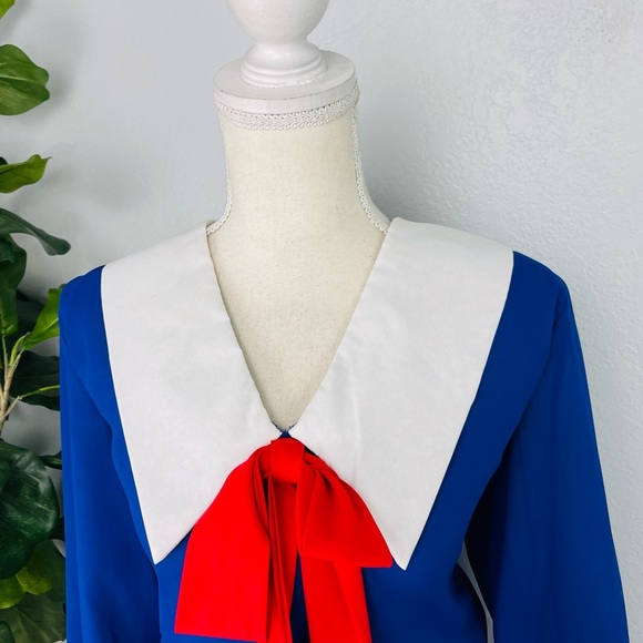 Vintage Sheer Blue Two Piece Pleated Chiffon Collar top Skirt Set - Picture 2 of 12